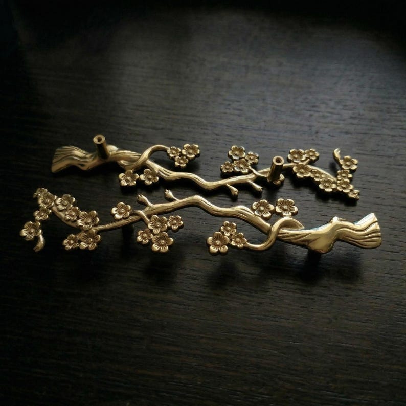 Two Branch Tree Design Golden Plum Blossom Tree Branch Cabinet Pulls, Floral Brass Drawer ...
