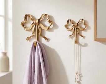 Gancho de parede em latão maciço com laço, gancho para casaco com fita para quarto de bebê, gancho para toalha com laço dourado, cabide decorativo de parede para bolsas e joias, decoração de quarto charmosa