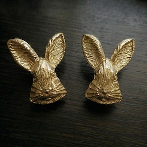 Golden Rabbit Brass Cabinet Knobs, Hare Drawer Pulls, Animal Furniture Handles for Nursery & Dresser, Woodland Home Decor, Romantic Knob