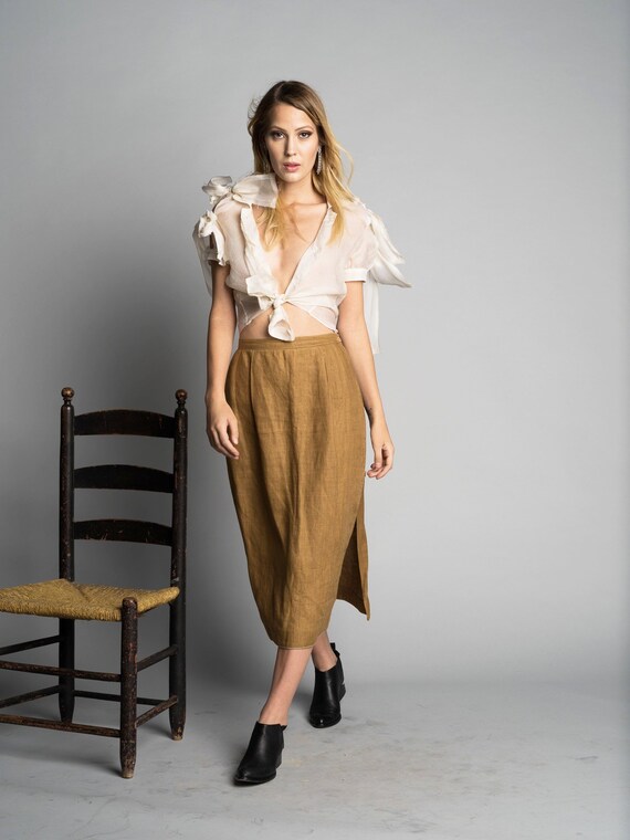 1990's Linen Midi Skirt w/High Slit Button Side Se