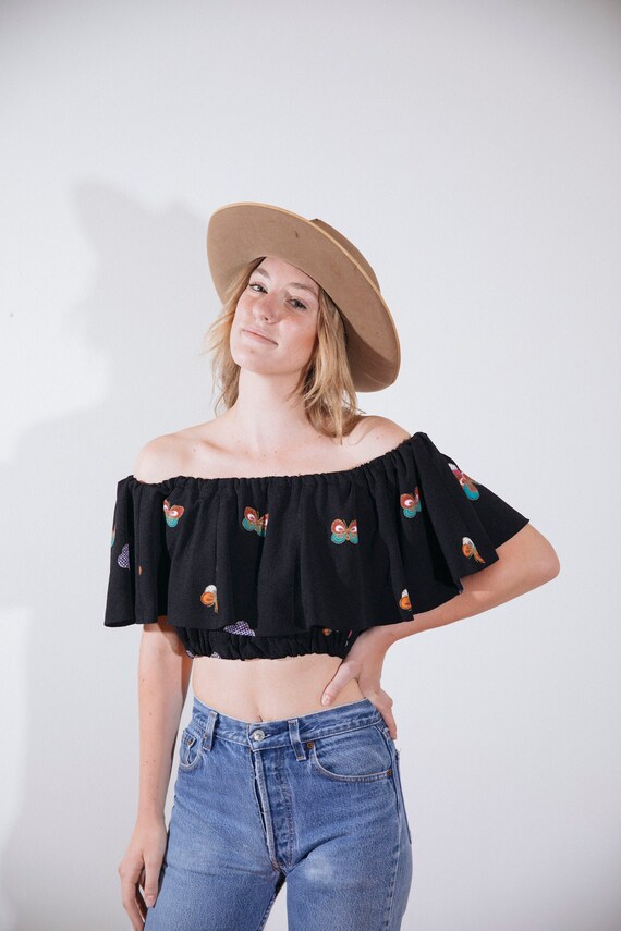 1970's Ruffled Off the Shoulder Butterfly Crop Top