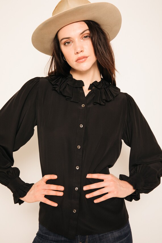1970's Saint Laurent Black Ruffled Button Front Se