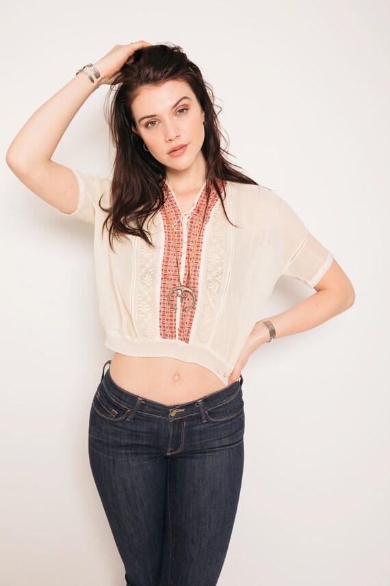 1930's Embroidered Sheer Blouse with Red Accent Em