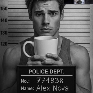 Könnte beinhalten: Schwarz-Weiß-Aufnahme eines Mannes, der einen weißen Kaffeebecher hält. Das Schild lautet "POLICE DEPT." mit den Details: Nr. 774938, Name: Alex Nova, Datum: 05.05.2025, Verbrechen: Dreifacher Espresso-Angriff.