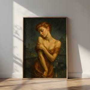 Bernstein im Regen | Filmische Öl auf Leinwand Digitale Wandkunst für Schlafzimmer, Urban Romance Decor oder Melancholy Interiors