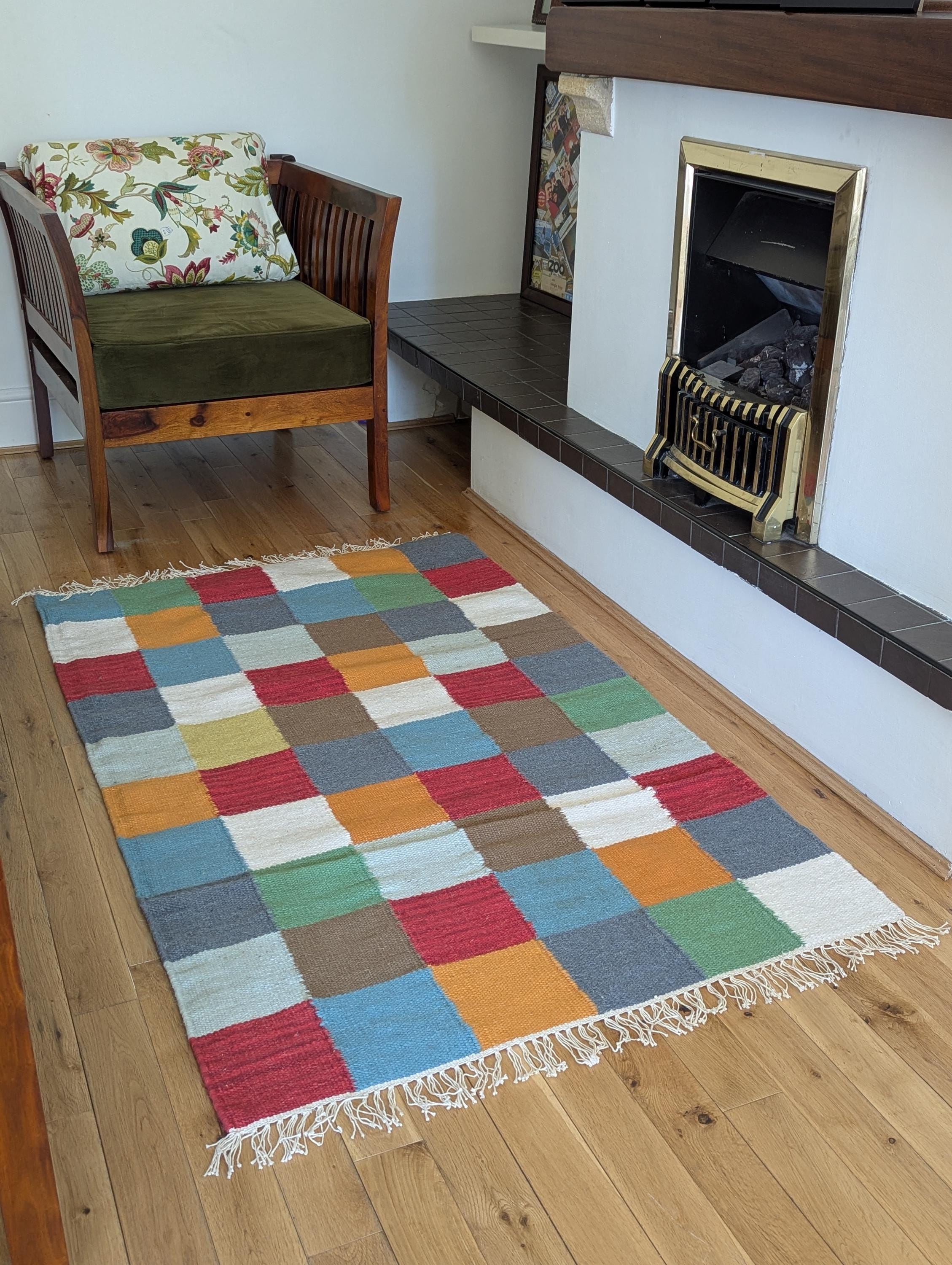 マルチカラーキリムラグ：100%ニュージーランドウール平織り 約