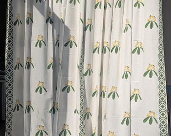 Block Print Curtains, 100% Cotton, Set of 2, Yellow Green Floral, 210cm Drop
