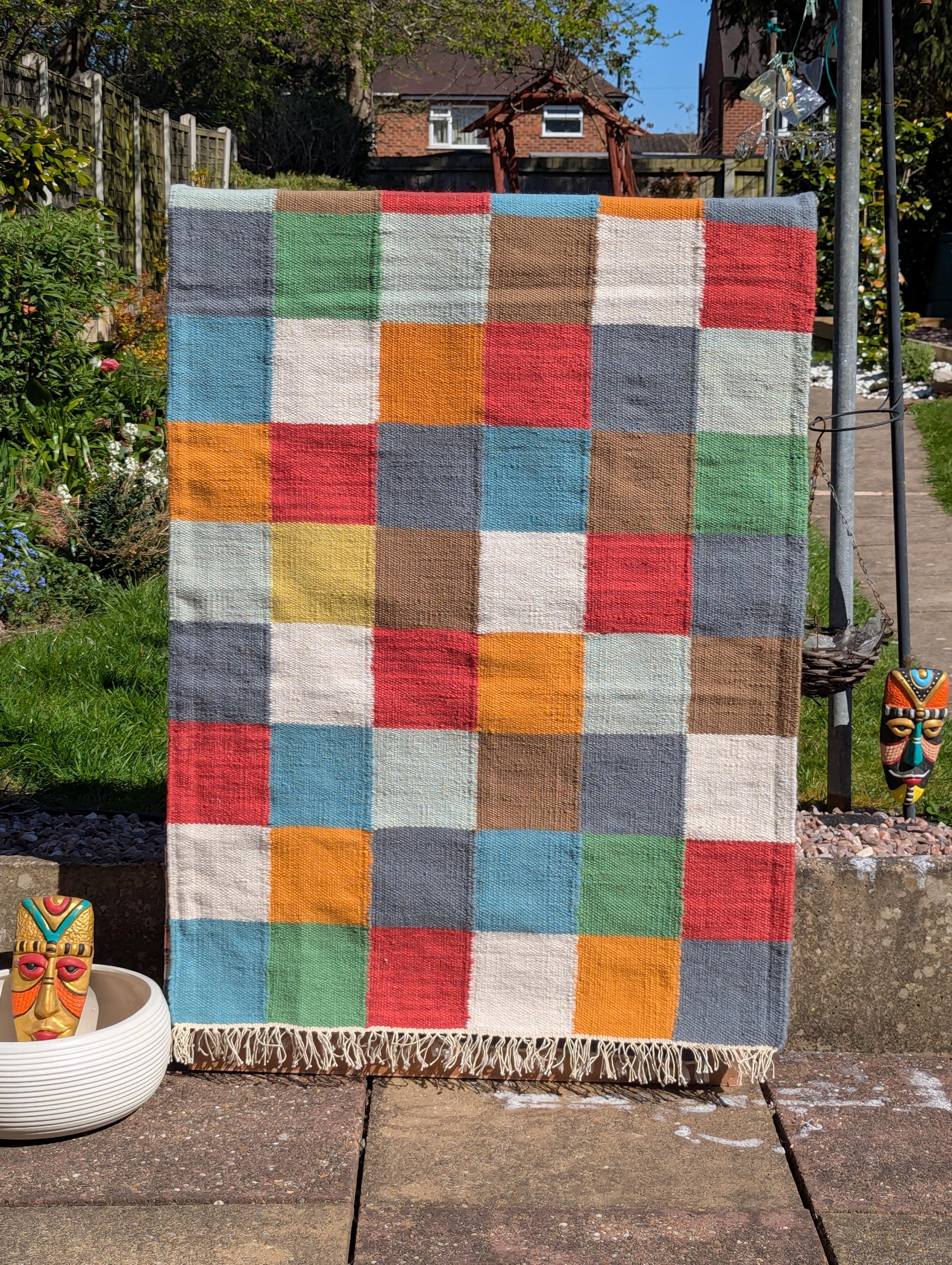 マルチカラーキリムラグ：100%ニュージーランドウール平織り 約