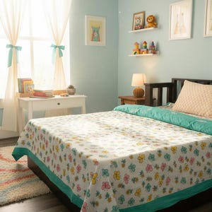 Puede incluir: Una cama con un edredón blanco que presenta un patrón repetitivo de pequeñas mariposas amarillas, rosas y verde azulado. El edredón tiene un borde sólido de color verde azulado. Una almohada beige texturizada descansa sobre el marco de madera.