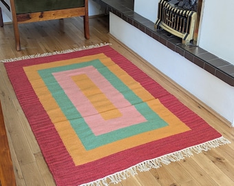 Wool Kilim Rug, Handwoven  Red Yellow Flatweave, 90x150cm
