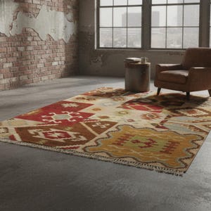 Handwoven Patchwork Kilim Rug, Wool Cotton Dhurrie, Boho Tribal Geometric Multicolor Area Carpet, Vintage-Style Statement Mat