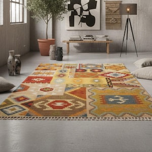 Handgeweven patchwork kelimtapijt 120 x 170 cm, wol/katoen dhurrie, boho tribal geometrisch veelkleurig tapijt, vintage stijl statementmat