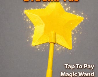 May include: A bright yellow star-shaped magic wand with a smooth handle. The text STL 3MF File appears at the top, and the text Tap To Pay Magic Wand is at the bottom. The star is surrounded by a glowing, sparkling light effect on a gray background.