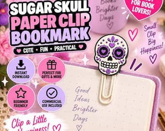 Segnalibro a forma di teschio di zucchero con graffetta (STL 3MF) / File per la stampa 3D del Giorno dei Morti / Dia de los Muertos / Licenza commerciale
