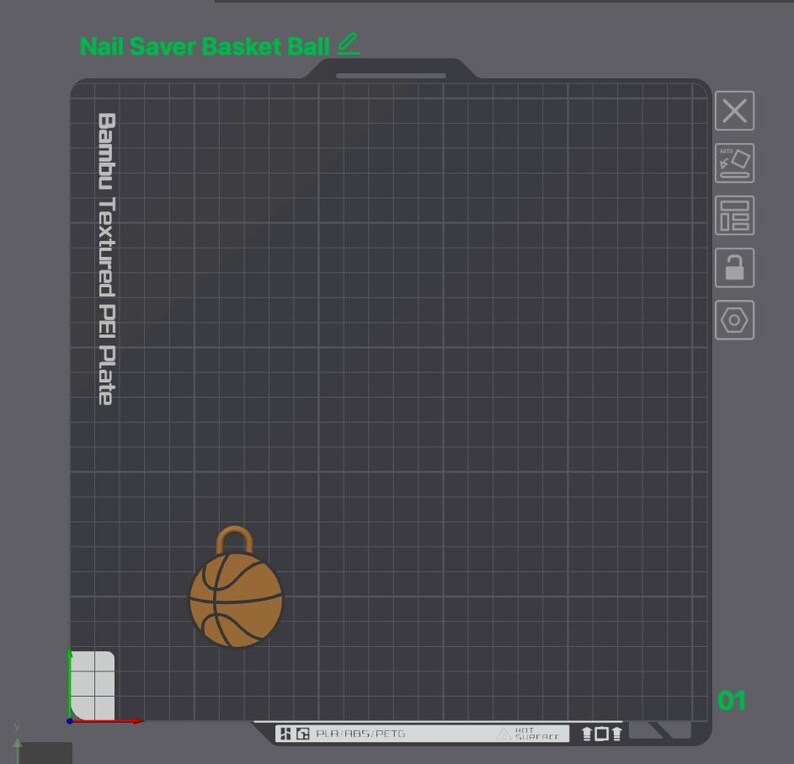 May include: A digital interface showing a Bambu Textured PEI Plate with a grid pattern and a brown basketball-shaped object with a small loop at the top. The screen displays the text Nail Saver Basket Ball and Bambu Textured PEI Plate.