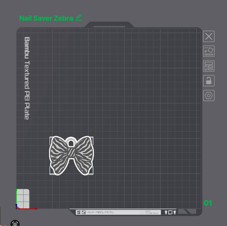 May include: A digital interface display showing a 3D printing build plate with the text Nail Saver Zebra and Bambu Textured PEI Plate. A white outline of a bow-shaped object with a zebra stripe pattern is positioned on the dark gray grid.