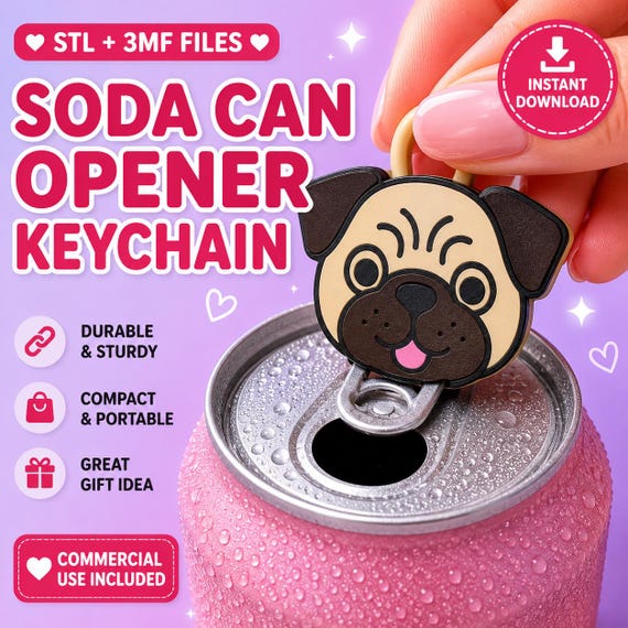 Soda Can Tab Opener Keychain 3D Printer File | Kawaii Pug Dog Face | STL 3MF