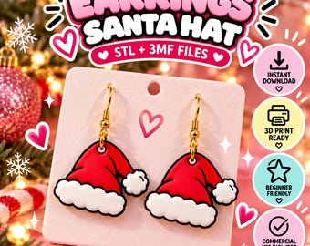 Orecchini a forma di cappello di Babbo Natale STL 3MF / Orecchini pendenti natalizi File di stampa 3D / Gioielli festivi per le vacanze / Uso commerciale