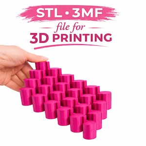 May include: A collection of bright pink, cylindrical 3D-printed objects arranged in a stepped pattern. The objects have a star-shaped top. The image includes the text "STL • 3MF file for 3D PRINTING" in pink.