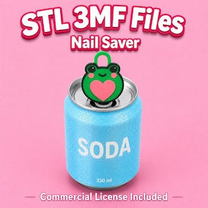 May include: A light blue soda can with the word "SODA" in white. A green frog-shaped nail saver with a pink heart is on top. The text "STL 3MF Files" and "Nail Saver" are in the image.