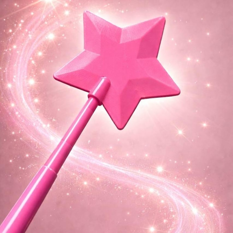 May include: A pink star-shaped wand with a long handle. The wand is a vibrant shade of pink, with a five-pointed star at the top. The background is a soft pink with sparkling light effects.