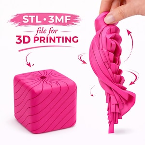 May include: A bright pink 3D-printed object, shown in two forms: a cube with a ridged surface and a flexible, folded shape. The text "STL • 3MF file for 3D PRINTING" is displayed in pink and white.