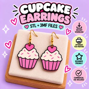 Könnte beinhalten: Cupcake-Ohrringe mit rosa-weißem Zuckerguss, goldfarbenen Haken und Herz-Toppern. Der Text lautet: CUPCAKE EARRINGS, STL + 3MF FILES, INSTANT DOWNLOAD, OPTIMIZED FOR PRINTING, BEGINNER FRIENDLY, COMMERCIAL USE INCLUDED.