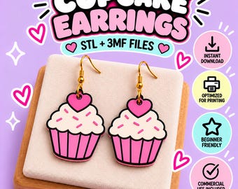 Orecchini Cupcake STL 3MF / Orecchini pendenti Kawaii a tema dessert, file per stampa 3D / Gioielli da pasticceria carini / Uso commerciale