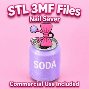 May include: A pink bow-shaped nail saver tool with a stethoscope design attached to the top of a light purple 330 ml soda can. The text STL 3MF Files, Nail Saver, and Commercial Use Included is displayed in white and pink against a pink background.