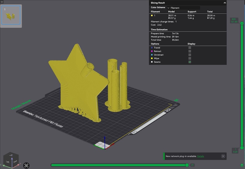 May include: A digital 3D model of a yellow star-shaped object with a cylindrical attachment and three vertical pillars on a grid platform. The interface displays slicing results, including a total filament usage of 28.55 metres and 87.20 grams.