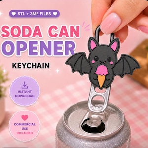 May include: A black bat-shaped soda can opener keychain featuring pink ears and cheeks, holding a pink ice cream cone. The text reads STL + 3MF FILES, SODA CAN OPENER, KEYCHAIN, INSTANT DOWNLOAD, and COMMERCIAL USE INCLUDED on a pink background.