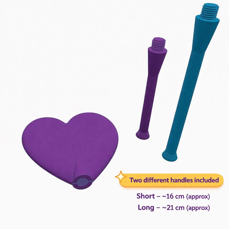 May include: A purple heart-shaped object with a threaded base, accompanied by two handles: a short purple one and a long teal one. The short handle is approximately 6.3 inches, and the long handle is approximately 8.3 inches. Text on the image says "Two different handles included."