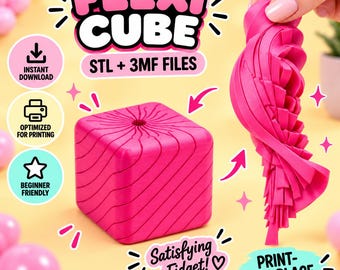 May include: A bright pink 3D printed flexi cube with a textured, spiraling surface pattern. The image includes text reading FLEXI CUBE, STL + 3MF FILES, INSTANT DOWNLOAD, OPTIMIZED FOR PRINTING, BEGINNER FRIENDLY, Satisfying Fidget!, and PRINT-IN-PLACE.