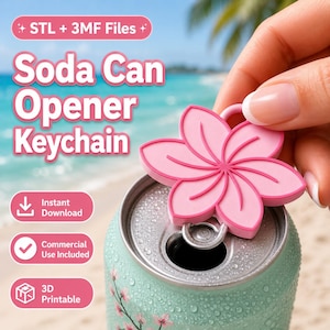 Puede incluir: Un llavero abridor de latas de refresco en forma de flor rosa se muestra sobre una lata de refresco. El llavero tiene un lazo para sujetar llaves. La lata es azul claro con diseños florales rosas. El texto en la imagen dice "Soda Can Opener Keychain."
