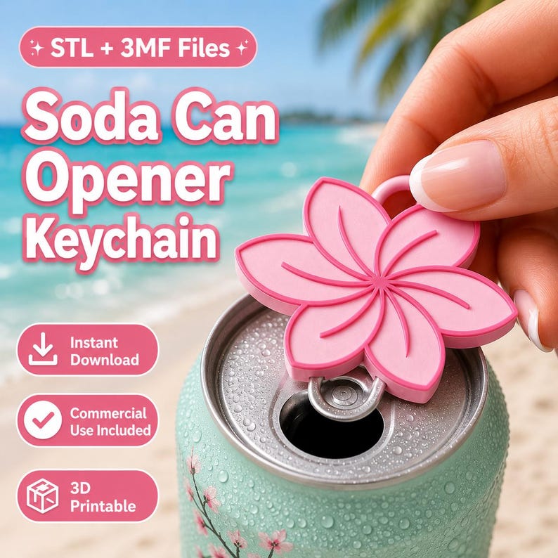 May include: A pink flower-shaped soda can opener keychain is shown on top of a soda can. The keychain has a loop for attaching to keys. The can is light blue with pink floral designs. Text on the image reads "Soda Can Opener Keychain."