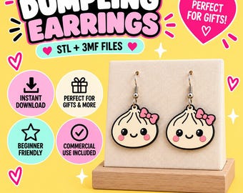Orecchini 3D Kawaii Dumpling / Orecchini pendenti Bao carini File di stampa 3D / Gioielli per buongustai STL 3MF / Uso commerciale
