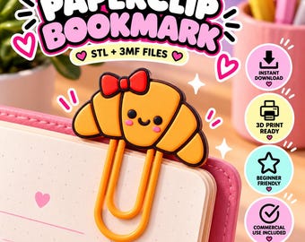 Croissant Paperclip Bookmark STL 3MF | French Bakery Book Clip 3D Print File | Cute Pastry Planner Accessory | Commercial Use