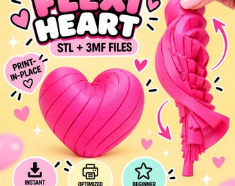 May include: A bright pink, articulated heart-shaped object with a segmented, flexible design. The image includes text reading FLEXI HEART, STL + 3MF FILES, PRINT-IN-PLACE, INSTANT DOWNLOAD, OPTIMIZED FOR PRINTING, and BEGINNER FRIENDLY.