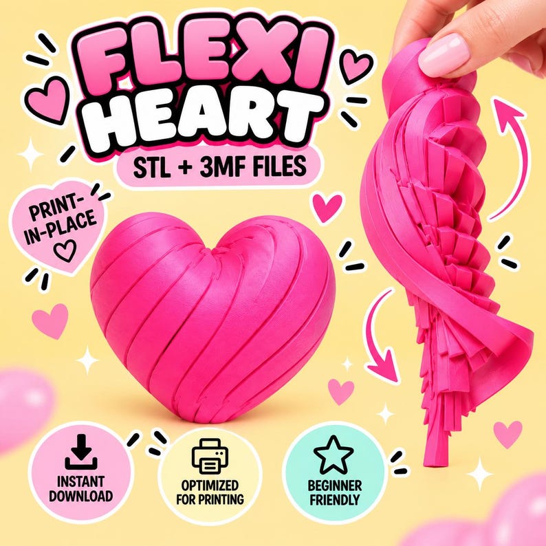 May include: A bright pink, articulated heart-shaped object with a segmented, flexible design. The image includes text reading FLEXI HEART, STL + 3MF FILES, PRINT-IN-PLACE, INSTANT DOWNLOAD, OPTIMIZED FOR PRINTING, and BEGINNER FRIENDLY.