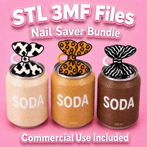 May include: Three 330 ml soda cans with textured surfaces in light tan, orange, and brown, each featuring a white SODA label. Attached to the pull tabs are decorative butterfly-shaped nail savers in black and white, leopard, and zebra patterns.