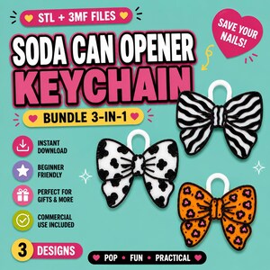 May include: A 3-in-1 soda can opener keychain bundle featuring three bow-shaped designs. One bow has a black and white wavy pattern, one has a black and white cow print, and one has an orange and black leopard print. Each includes a white loop.
