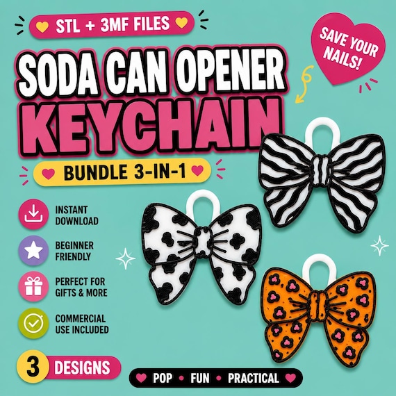 Animal Print Bow Bundle Can Opener STL 3MF | Nail Saver Keychain 3D Print File | Zebra Leopard Cow