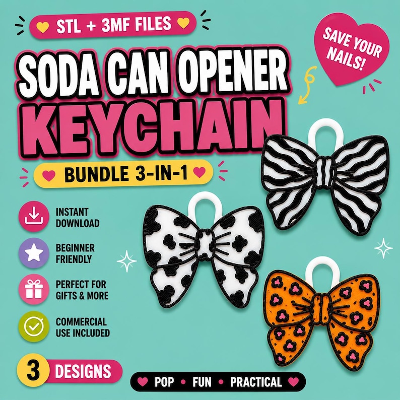 May include: A 3-in-1 soda can opener keychain bundle featuring three bow-shaped designs. One bow has a black and white wavy pattern, one has a black and white cow print, and one has an orange and black leopard print. Each includes a white loop.