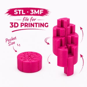 May include: A bright pink 3D-printed puzzle in two forms: a compact, circular piece and an assembled, multi-layered structure. The image includes the text "STL • 3MF file for 3D PRINTING" and "Pocket Size."