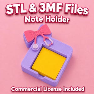 May include: A purple note holder with a pink bow and stethoscope design, holding a yellow sticky note pad. The text "STL & 3MF Files Note Holder" and "Commercial License Included" are displayed.