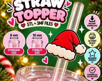 Cappello di Babbo Natale per cannuccia, file STL 3MF / Coperchio per bicchiere Stanley standard da 8 mm e da 10 mm / Accessorio per tazza natalizia, file di stampa 3D / Uso commerciale