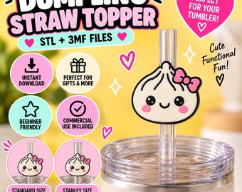 Kawaii Dumpling Straw Topper STL 3MF / Dimensioni standard Stanley 8 mm e 10 mm / File di stampa 3D Bao carini / Uso commerciale