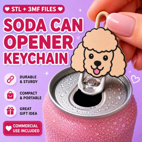 Soda Can Tab Opener Keychain 3D Printer File | Kawaii Poodle Dog Face | STL 3MF