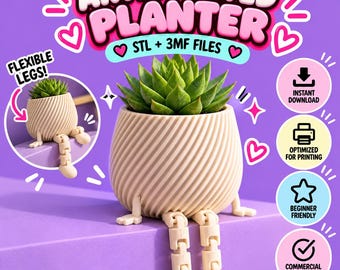 May include: A beige articulated planter with a spiral-textured body and dangling jointed legs, holding a green succulent. The image features the text ARTICULATED PLANTER, STL + 3MF FILES, FLEXIBLE LEGS, INSTANT DOWNLOAD, OPTIMIZED FOR PRINTING, BEGINNER FRIENDLY, and COMMERCIAL USE INCLUDED.