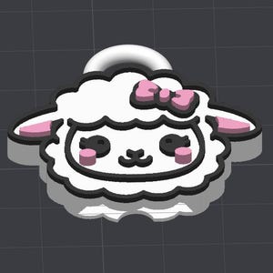 May include: A 3D-rendered sheep-shaped charm with a white body, black outline, and pink accents. The sheep has a pink bow, pink ears, and black eyes. The charm has a silver loop at the top for attachment.